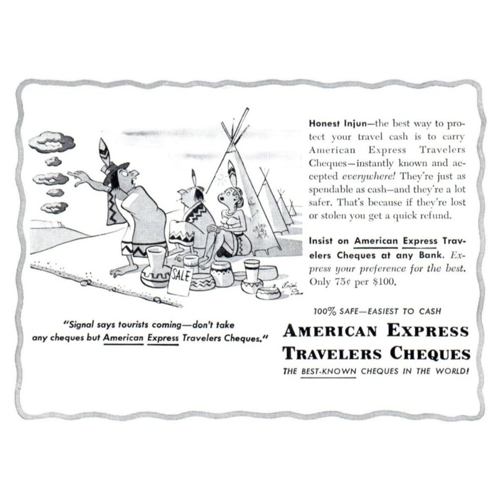 1953 American Express Travelers Cheques Vintage Print Ad Smoke Signal Indians